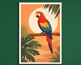 Parrot Wall Art Printable, Tropical Parrot Illustration, Colorful Bird Wall Art, Boho Tropical Art, Luxury  Home Decor, Digital Download