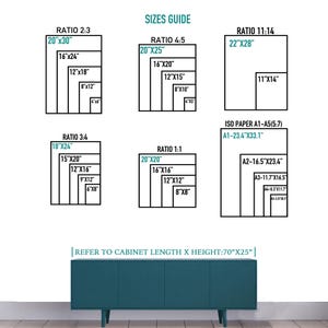 May include: A sizes guide on a white background, showing various aspect ratios and dimensions in inches. Ratios include 2:3, 4:5, 11:14, 3:4, and 1:1, plus ISO paper sizes. A teal cabinet is at the bottom, with the text 'REFER TO CABINET LENGTH X HEIGHT:70"X25"'.