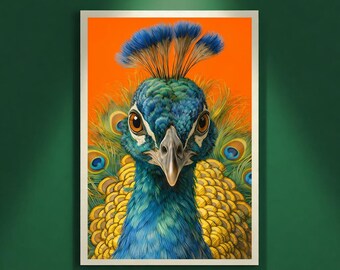 Peacock Portrait Wall Art Printable, Bold Colorful Bird Illustration, Statement Animal Art, Luxury Artistic Home Decor, Digital Download