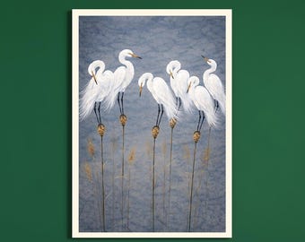 White Egret Wall Art, Elegant Bird Group Illustration, Minimalist Nature Print, Blue Grey Wall Decor,  Luxury Home Decor, Digital Download