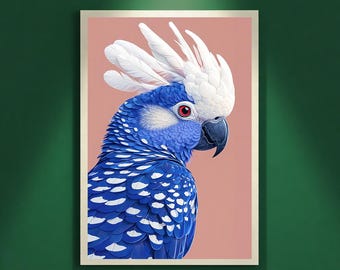 Blue Cockatoo Wall Art Printable, Modern Minimal Bird Illustration, Contemporary Statement Nature Art, Luxury Home Decor, Digital Download
