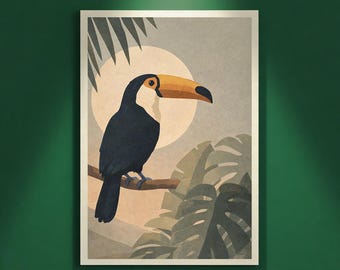 Mid-Century Modern Toucan Print, Tropical Toucan Illustration, Minimalist Jungle Art, Luxury Artistic Home Decor, Digital Download
