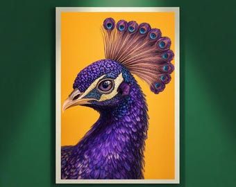 Peacock Portrait Wall Art Printable, Purple Peacock Illustration, Luxury Bird Art, Elegant Statement Decor, Digital Download