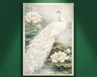White Peacock Lotus Wall Art Printable, Oriental Botanical Bird Illustration, Quiet Luxury Art, Luxury Artistic Home Decor, Digital Download