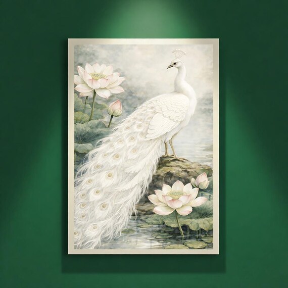 White Peacock Lotus Wall Art Printable, Oriental Botanical Bird Illustration, Quiet Luxury Art, Luxury Artistic Home Decor, Digital Download