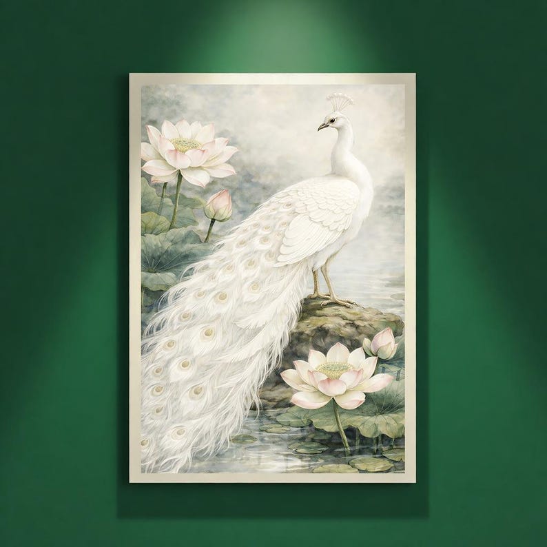 May include: A framed watercolour painting of a white peacock with a long, flowing tail, standing on a rock near water. Pink lotus flowers and green lily pads are in the foreground. The background is a soft, light-coloured wash.