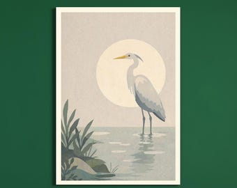 Egret Wall Art Printable, Minimal White Heron Illustration, Zen Bird Art, Modern Neutral Decor, Luxury Artistic Home Decor, Digital Download