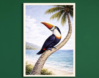 Toucan Wall Art Printable, Tropical Bird Beach Illustration, Summer Tropical Decor, Luxury Artistic Home Decor, Digital Download