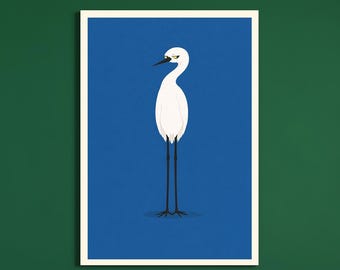 Egret Wall Art Printable, White Egret Illustration, Blue Background Art, Minimal Bird Wall Decor, Luxury Home Decor, Digital Download