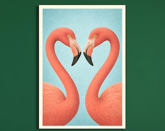Flamingo Wall Art Printable, Pink Flamingo Couple, Love Bird Illustration, Romantic Wall Decor, Luxury Home Decor, Digital Download