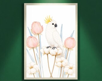 White Cockatoo Wall Art Printable, Minimal Botanical Bird Illustration,Soft Neutral Nature Art, Luxury Artistic Home Decor, Digital Download