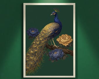 Peacock Wall Art Printable, Luxury Decorative Bird Illustration, Nouveau Inspired Nature Art, Luxury Artistic Home Decor, Digital Download