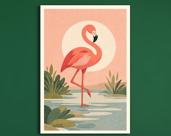 Flamingo Wall Art Printable, Pink Flamingo Illustration, Minimal Tropical Bird Art, Luxury Artistic Home Decor, Digital Download