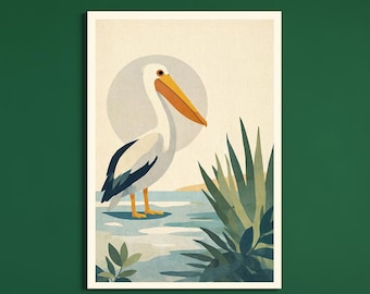 Pelican Wall Art Printable, Minimal Pelican Illustration, Coastal Bird Wall Art, Zen Nature Decor, Luxury Home Decor, Digital Download