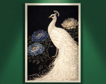 White Peacock Wall Art Printable, Floral Decorative Bird Illustration,Museum Style Quiet Luxury Art, Luxury Home Decor, Digital Download