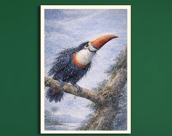 Toucan in the Rain Wall Art Printable, Dramatic Tropical Bird Painting, Moody Wildlife Art, Luxury Artistic Home Decor, Digital Download