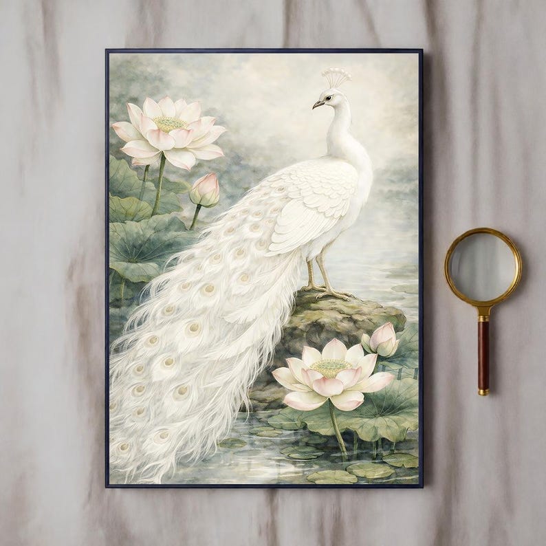 May include: A framed watercolour painting depicting a white peacock with a long tail, standing on a rock. The artwork uses soft pastel colours, with lotus flowers and lily pads in the foreground. The background shows a serene, watery landscape.