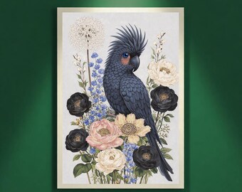 Dark Blue Cockatoo Wall Art, Elegant Botanical Bird Illustration, Moody Floral Nature Art, Luxury Artistic Home Decor, Digital Download