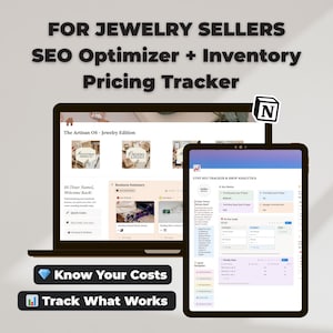 Könnte beinhalten: Ein Laptop und ein Tablet zeigen einen SEO-Optimierer und einen Inventar-Preistracker für Schmuckunternehmen. Auf dem Bildschirm steht "The Artisan OS - Jewelry Edition." Darunter stehen die Sätze "Know Your Costs" und "Track What Works."