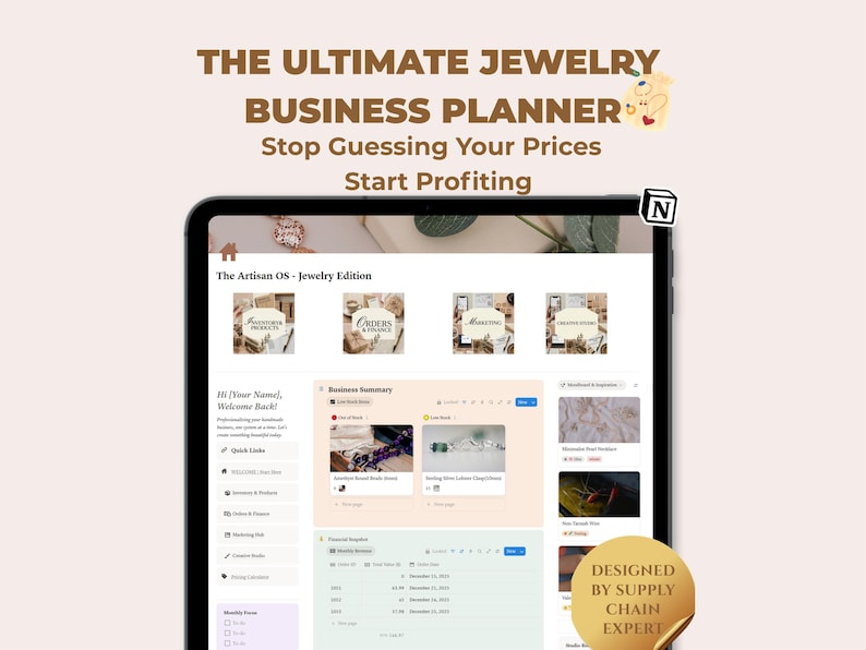 Sjabloon bedrijfsplanner voor sieraden | Voorraad- en prijstracker voor beaders, metaalsmeden afbeelding 1