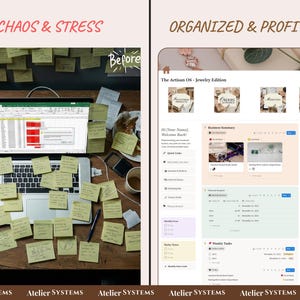 Op de afbeelding: Een afbeelding verdeeld in twee delen. Links een rommelig bureau met een laptop en post-its, getiteld "Chaos & Stress". Rechts een overzichtelijke digitale interface, getiteld "Organized & Profitable". De tekst "The Artisan OS - Jewelry Edition" is zichtbaar.