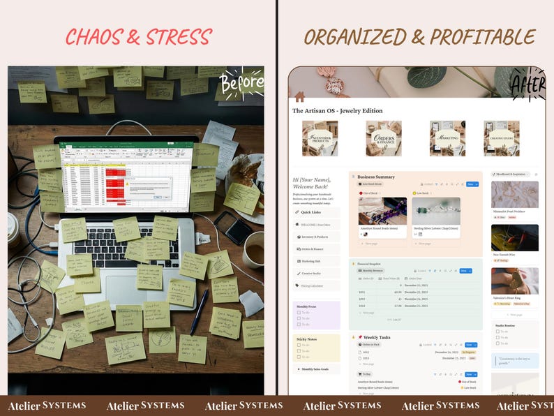 Op de afbeelding: Een afbeelding verdeeld in twee delen. Links een rommelig bureau met een laptop en post-its, getiteld "Chaos & Stress". Rechts een overzichtelijke digitale interface, getiteld "Organized & Profitable". De tekst "The Artisan OS - Jewelry Edition" is zichtbaar.