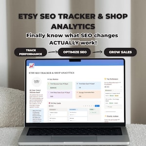 May include: A laptop displaying "ETSY SEO TRACKER & SHOP ANALYTICS" with key metrics and performance data. The text "Finally know what SEO changes ACTUALLY work!" is above the laptop. The laptop is on a white surface.