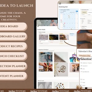 Op de afbeelding: Een digitale productontwerp platform interface met de tekst "VAN IDEE TOT LANCERING". De interface bevat secties voor idee&euml;nborden, moodboard galerijen, productrecepten en lanceringschecklists. Een gouden hartring is ook afgebeeld.