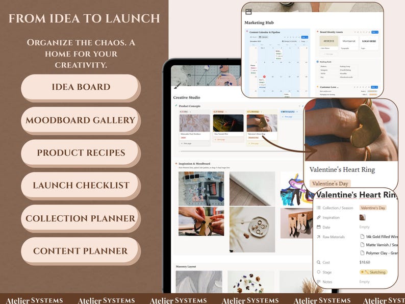 Op de afbeelding: Een digitale productontwerp platform interface met de tekst "VAN IDEE TOT LANCERING". De interface bevat secties voor idee&euml;nborden, moodboard galerijen, productrecepten en lanceringschecklists. Een gouden hartring is ook afgebeeld.