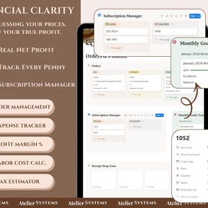 Op de afbeelding: Een digitale interface met tools voor financieel beheer. Het scherm toont een abonnementsmanager, bestelgegevens en een maandelijkse doelen tracker. Tekst bevat "Financial Clarity" en "Real Net Profit."