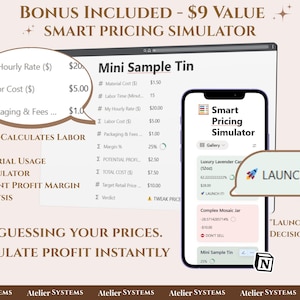 Op de afbeelding: Een digitaal scherm toont een slimme prijssimulator met een telefoon die dezelfde interface weergeeft. Het scherm toont kostenberekeningen, marge-analyse en een "Start!" knop. De tekst luidt: "Stop met het raden van uw prijzen. Bereken direct winst."