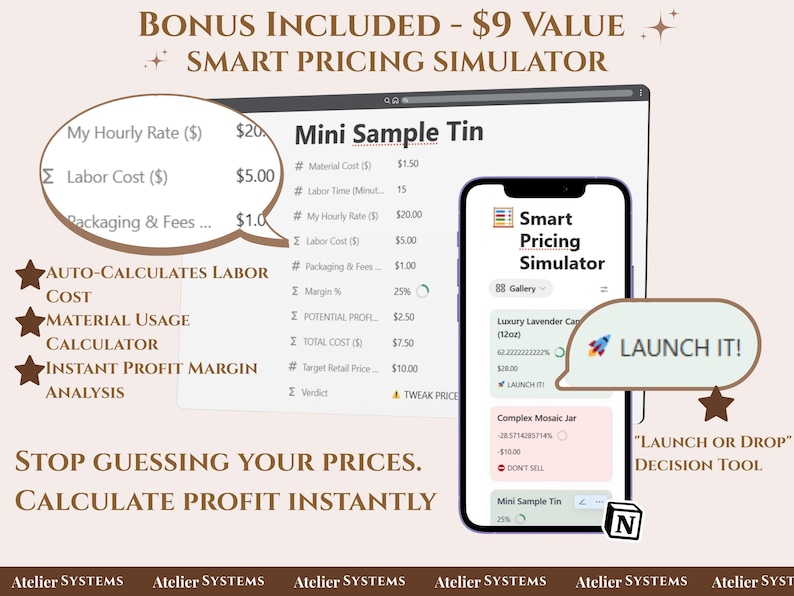 Op de afbeelding: Een digitaal scherm toont een slimme prijssimulator met een telefoon die dezelfde interface weergeeft. Het scherm toont kostenberekeningen, marge-analyse en een "Start!" knop. De tekst luidt: "Stop met het raden van uw prijzen. Bereken direct winst."