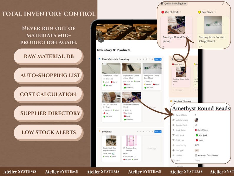 Op de afbeelding: Een tablet scherm met een inventarisbeheer app. De interface toont productlijsten, grondstofdatabases en waarschuwingen voor lage voorraad. Tekst op het scherm bevat "TOTAL INVENTORY CONTROL" en "NEVER RUN OUT OF MATERIALS MID-PRODUCTION AGAIN."