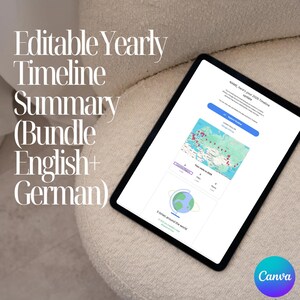 May include: A black tablet displays a yearly timeline summary. The screen shows a world map with pins, a globe graphic, and the text "Editable Yearly Timeline Summary (Bundle English+ German)". The Canva logo is in the bottom right.