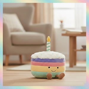 Jellycat Amuseable Rainbow Birthday Cake Plush, Cute Kawaii Food Soft Toy, Colorful Party Decor, Happy Birthday Gift for Kids & Collectors