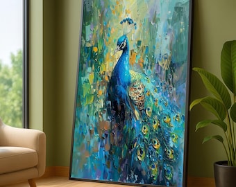 Abstract Peacock Portrait Canvas, Colorful Wildlife Painting, Ready to Hang