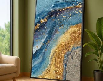 Abstract Blue and Gold Texture Canvas Wall Art, Ready to Hang