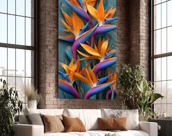 Lienzo de Ave del Paraíso, Arte mural botánico tropical, Decoración moderna para el hogar