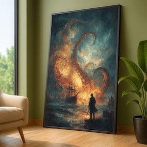 Puede incluir: Una impresión artística enmarcada representa una escena dramática de un barco en llamas, con los tentáculos gigantes de una criatura marina extendiéndose. Una figura está de pie en la orilla, observando el caos. La obra de arte presenta una paleta de colores oscuros con tonos naranja y azul fuego.
