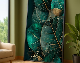 Canvasprint groen en bladgoud, botanische muurkunst