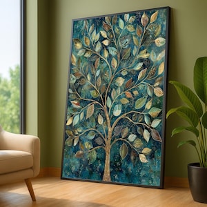 Golden Tree of Life Canvas Print, Abstract Botanical Wall Art, Blue Green Accent