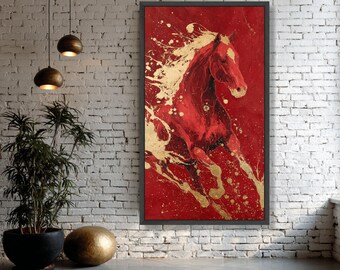 Red Horse Canvas Print, Wall Art,  Abstract Gold Splatter, Equestrian Decor