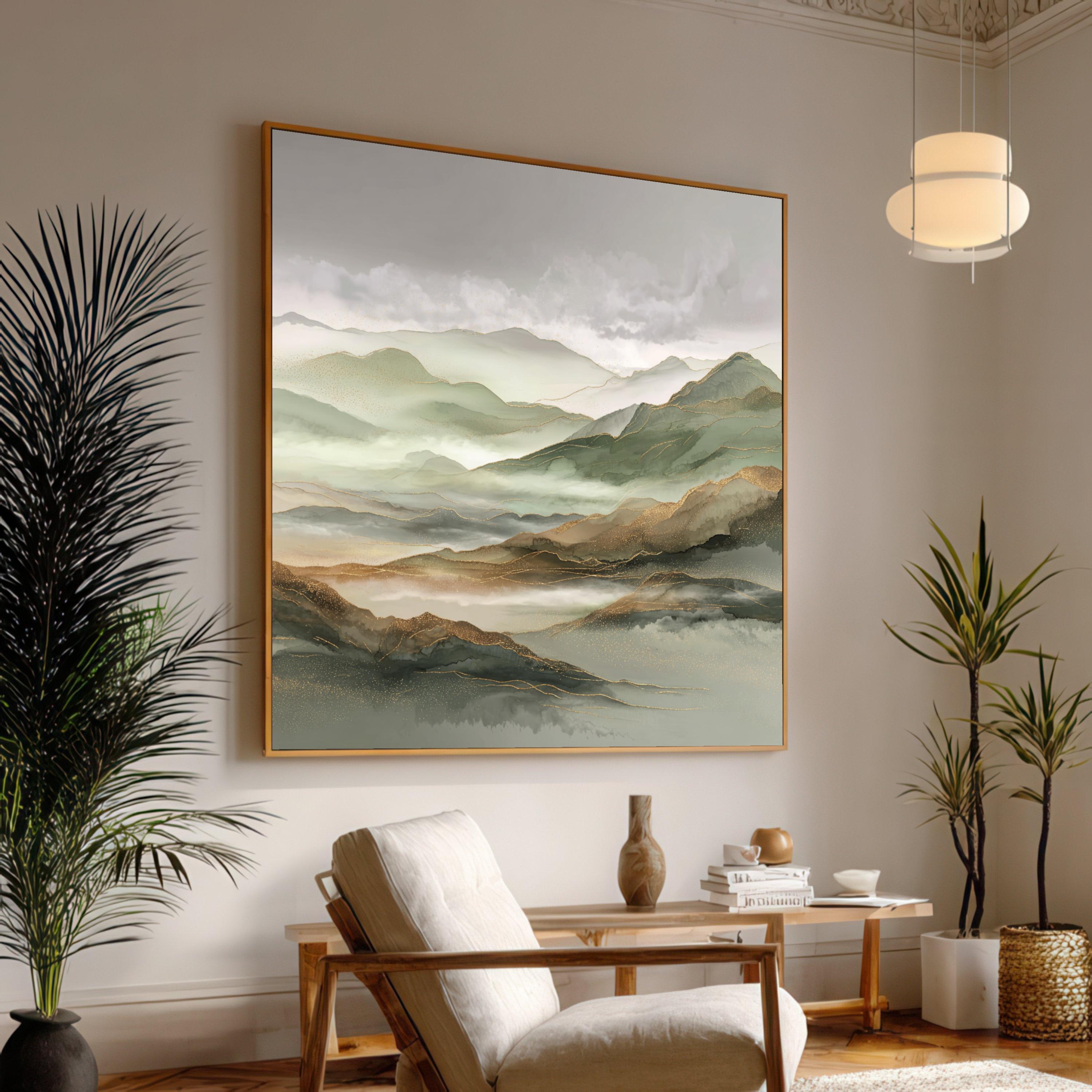 Misty Mountain Landscape Canvas Print, Gold Accent Wall Art