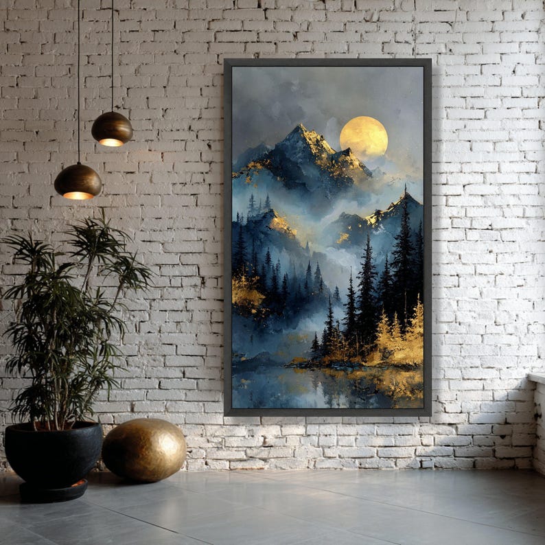 Moody Mountain Landscape With Golden Moon ,dark Forest Wall Art ,luxury ...