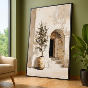 Mediterranean Archway Canvas Print, Wall Art, Olive Tree Pot Tuscan Decor