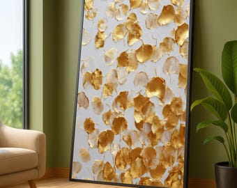 金銀杏の葉のキャンバスウォールアート、メタリックな植物プリント