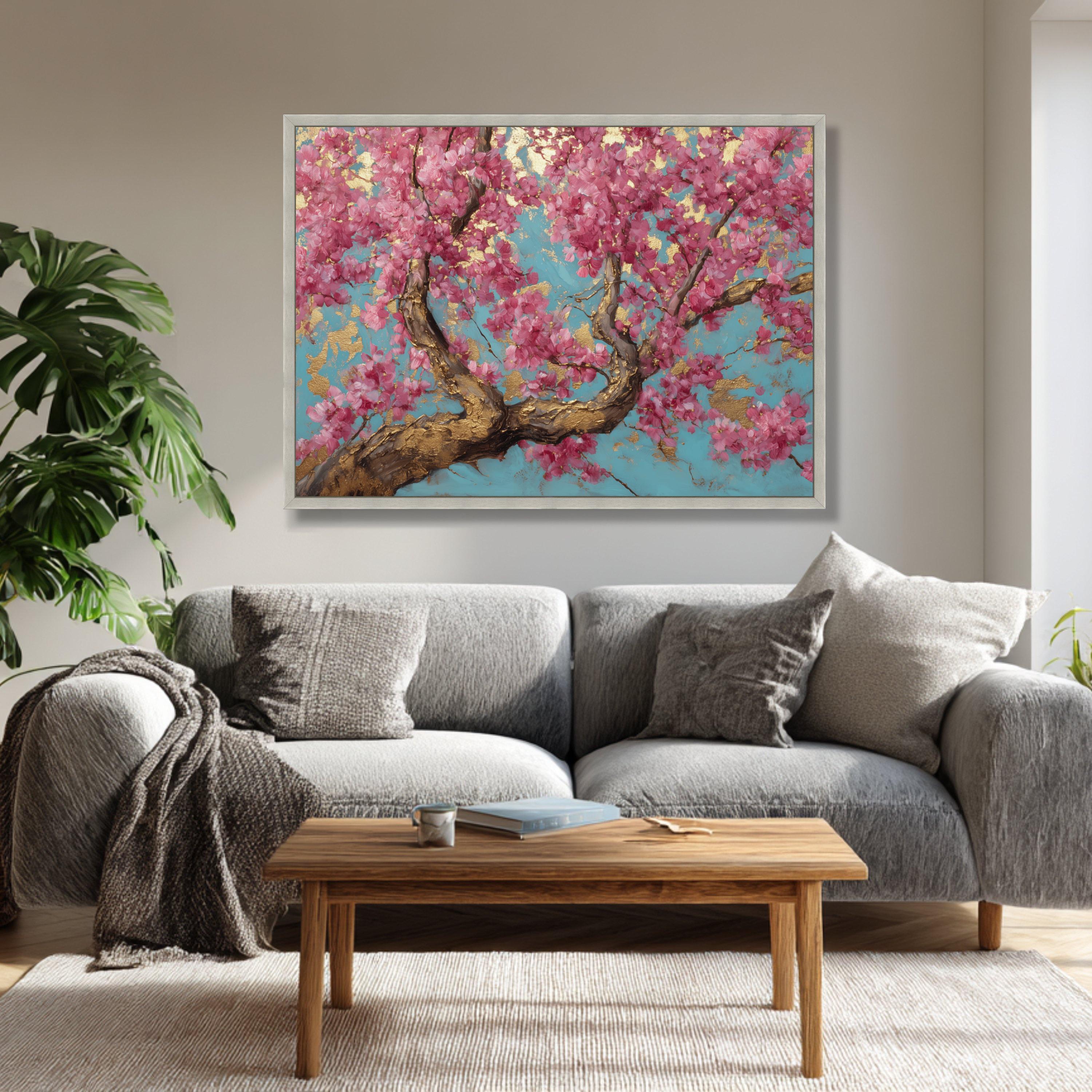 Pink Cherry Blossom Tree Canvas Print, Gold Accents Floral Artwork ...