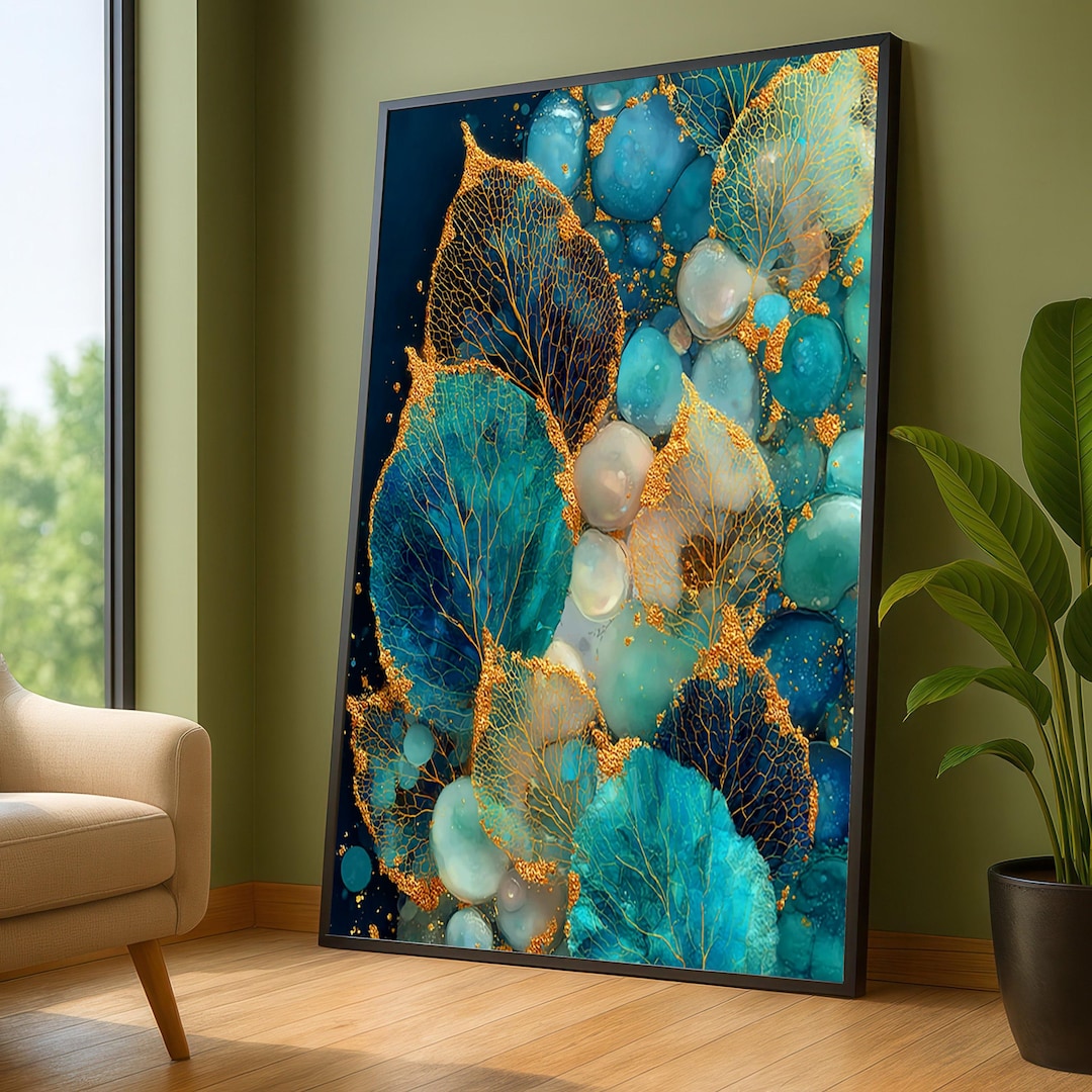 Blue and Gold Abstract Leaves Canvas Print , Modern Botanical Wall Art ...