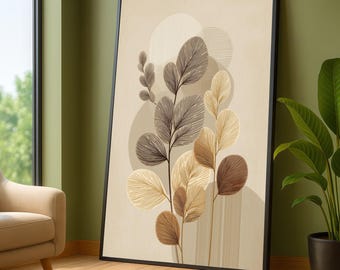 Abstrakt botanisk canvastavla, minimalistisk lövtryck, redo att hängas