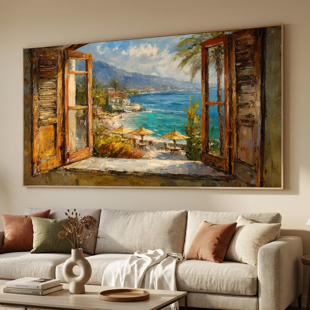 Coastal Canvas Print, Beach View Through Window, Mediterranean Wall Art ...